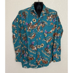 Vintage Wrangler Shirt Mens Cowboy Cut Button Up 17-36 Western Rodeo Bull Riding